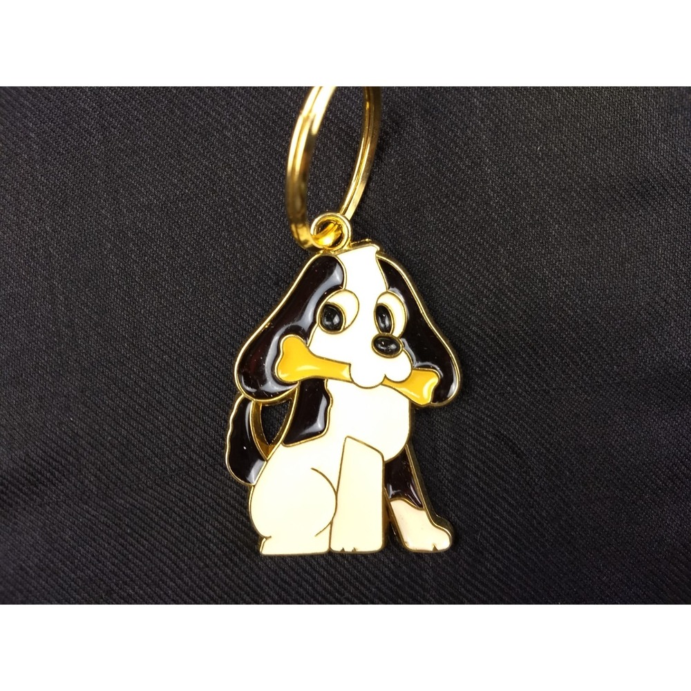 Dog w/ Bone White Enamel Keychain 1970s Brown Suncatcher Gold-Tone Metal Keyring